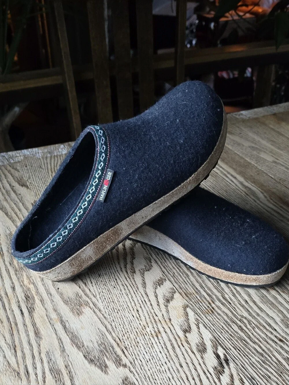 Haflinger Navy Wool Slip-On Clogs with Cork Sole